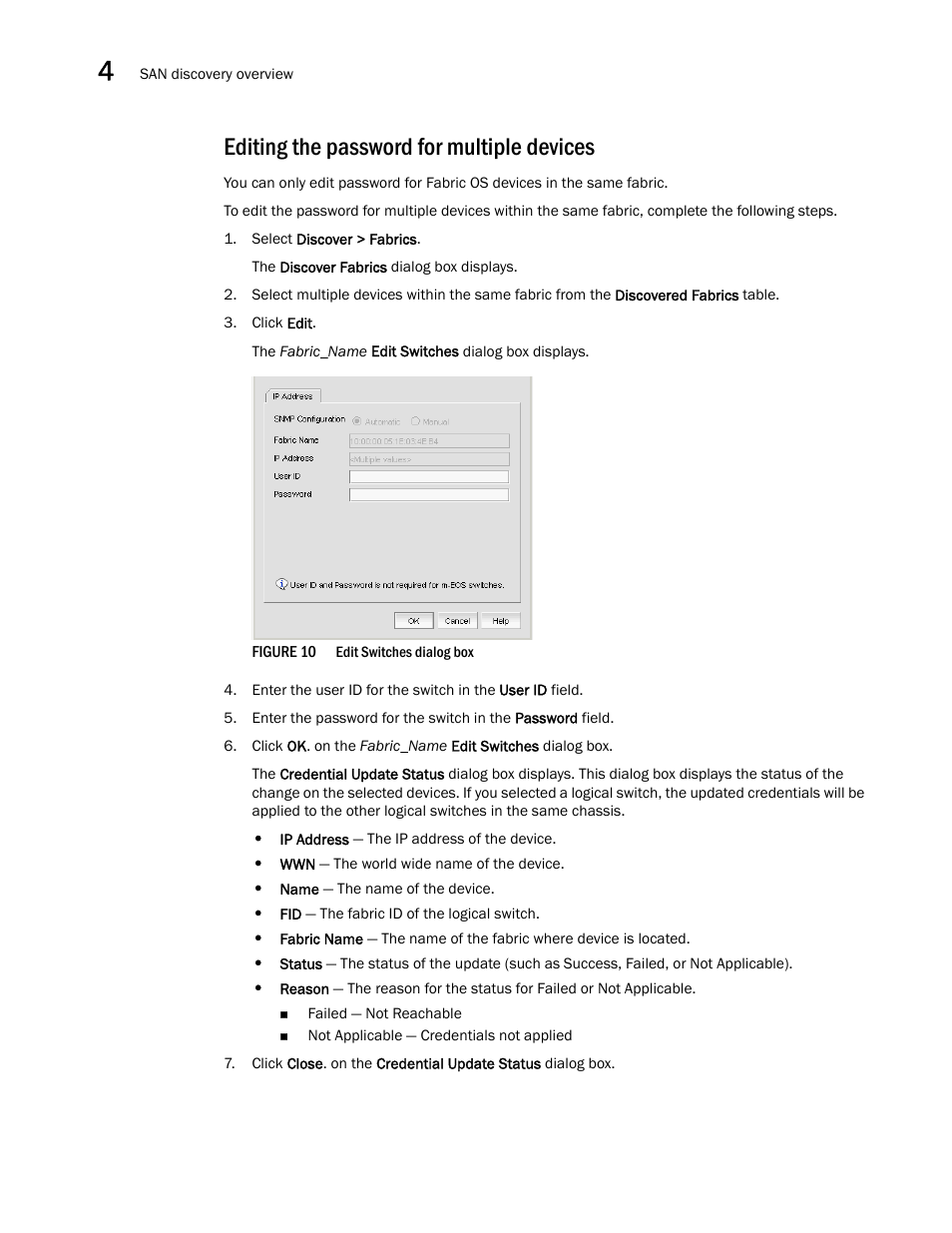 Editing the password for multiple devices | Brocade Network Advisor SAN + IP User Manual v12.1.0 User Manual | Page 121 / 2389