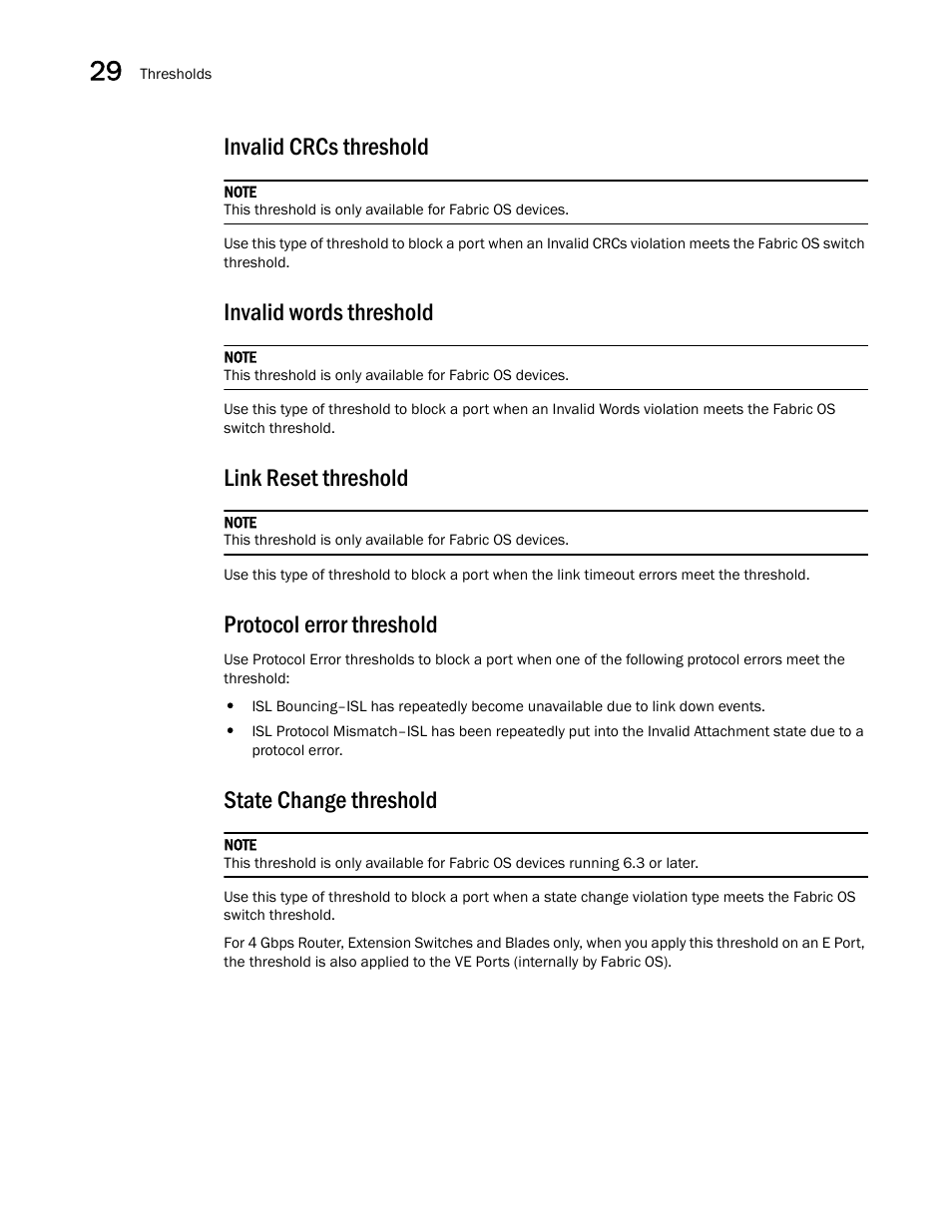 Invalid crcs threshold, Invalid words threshold, Link reset threshold | Protocol error threshold, State change threshold, Invalid words threshold 0 link reset threshold, Protocol error threshold 0 state change threshold | Brocade Network Advisor SAN + IP User Manual v12.1.0 User Manual | Page 1212 / 2389