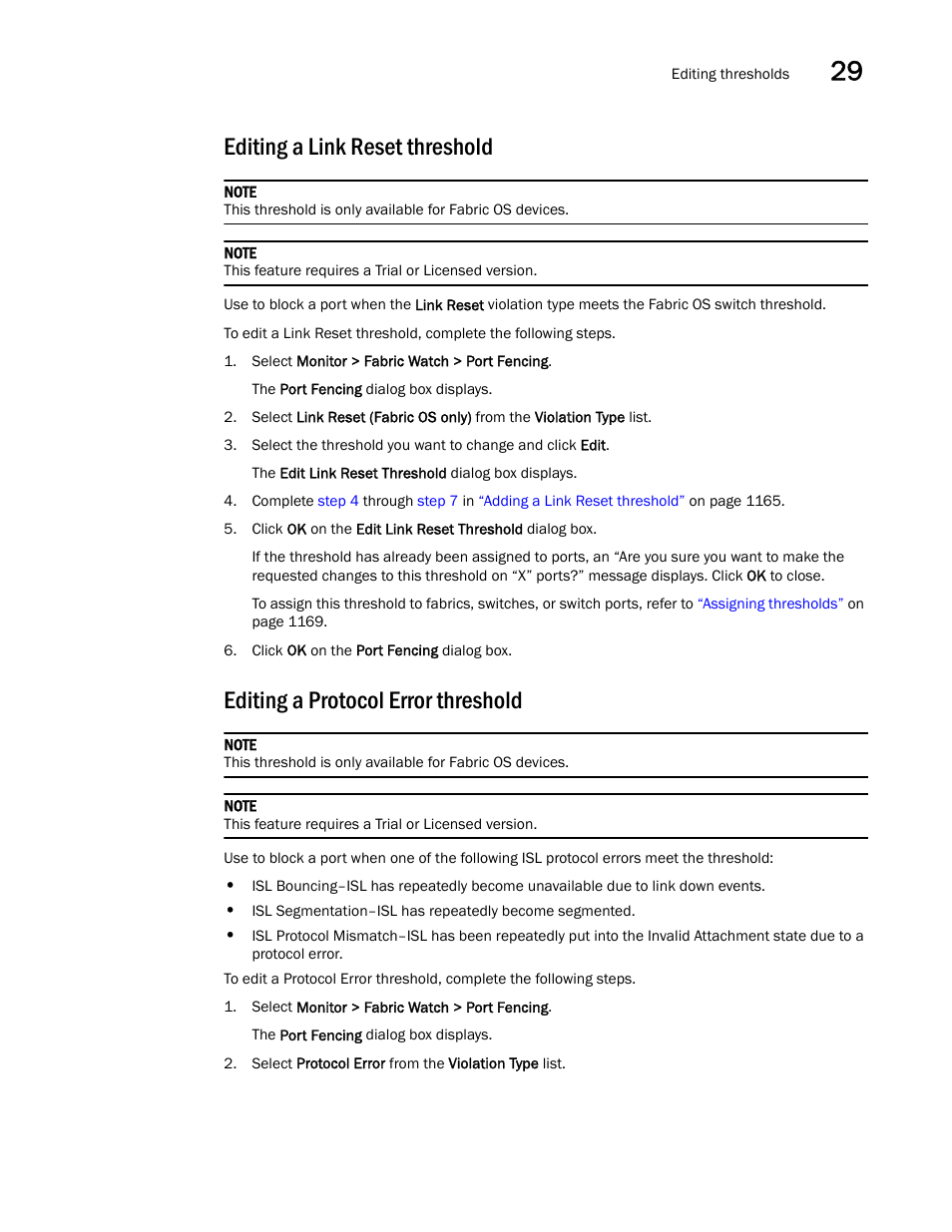 Editing a link reset threshold, Editing a protocol error threshold | Brocade Network Advisor SAN + IP User Manual v12.1.0 User Manual | Page 1225 / 2389
