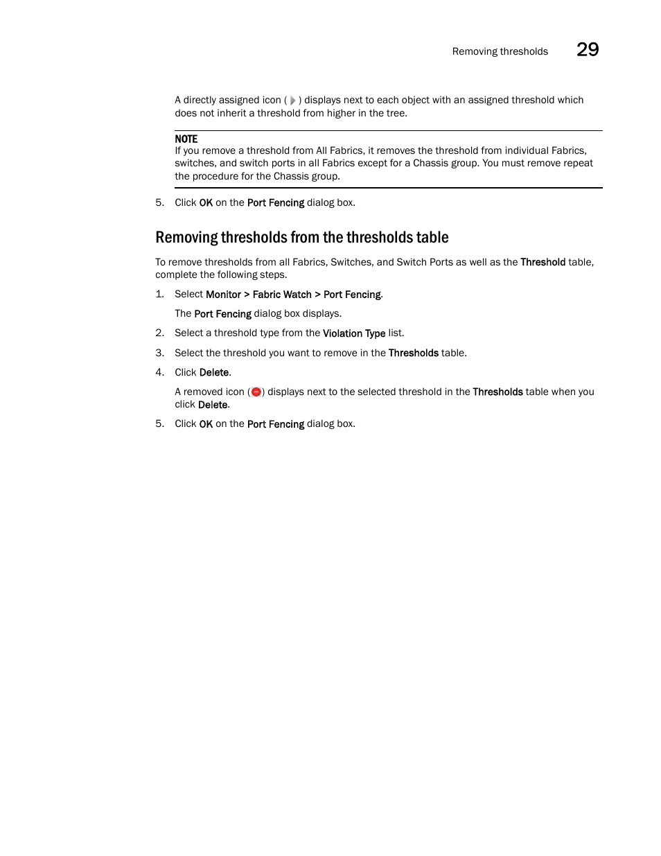 Removing thresholds from the thresholds table, Removing thresholds, From the thresholds table | Brocade Network Advisor SAN + IP User Manual v12.1.0 User Manual | Page 1229 / 2389