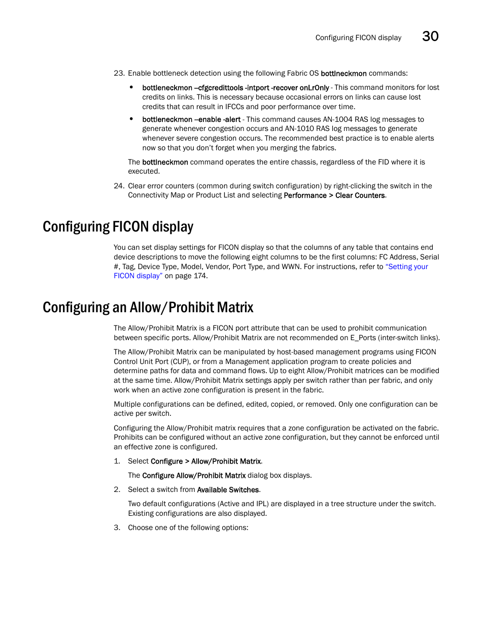 Configuring ficon display, Configuring an allow/prohibit matrix, Configuring an allow/prohibit matrix 7 | Under, Configuring an, Allow/prohibit matrix | Brocade Network Advisor SAN + IP User Manual v12.1.0 User Manual | Page 1238 / 2389