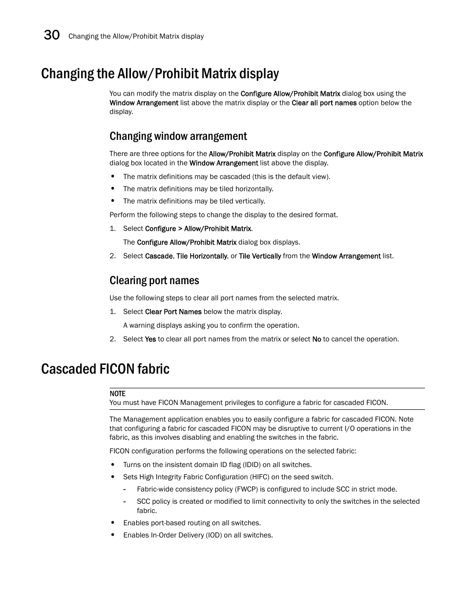 Changing the allow/prohibit matrix display, Changing window arrangement, Clearing port names | Cascaded ficon fabric, Changing the allow/prohibit matrix display 4, Cascaded ficon fabric 4, Eps in, Cascaded ficon, Fabric | Brocade Network Advisor SAN + IP User Manual v12.1.0 User Manual | Page 1245 / 2389