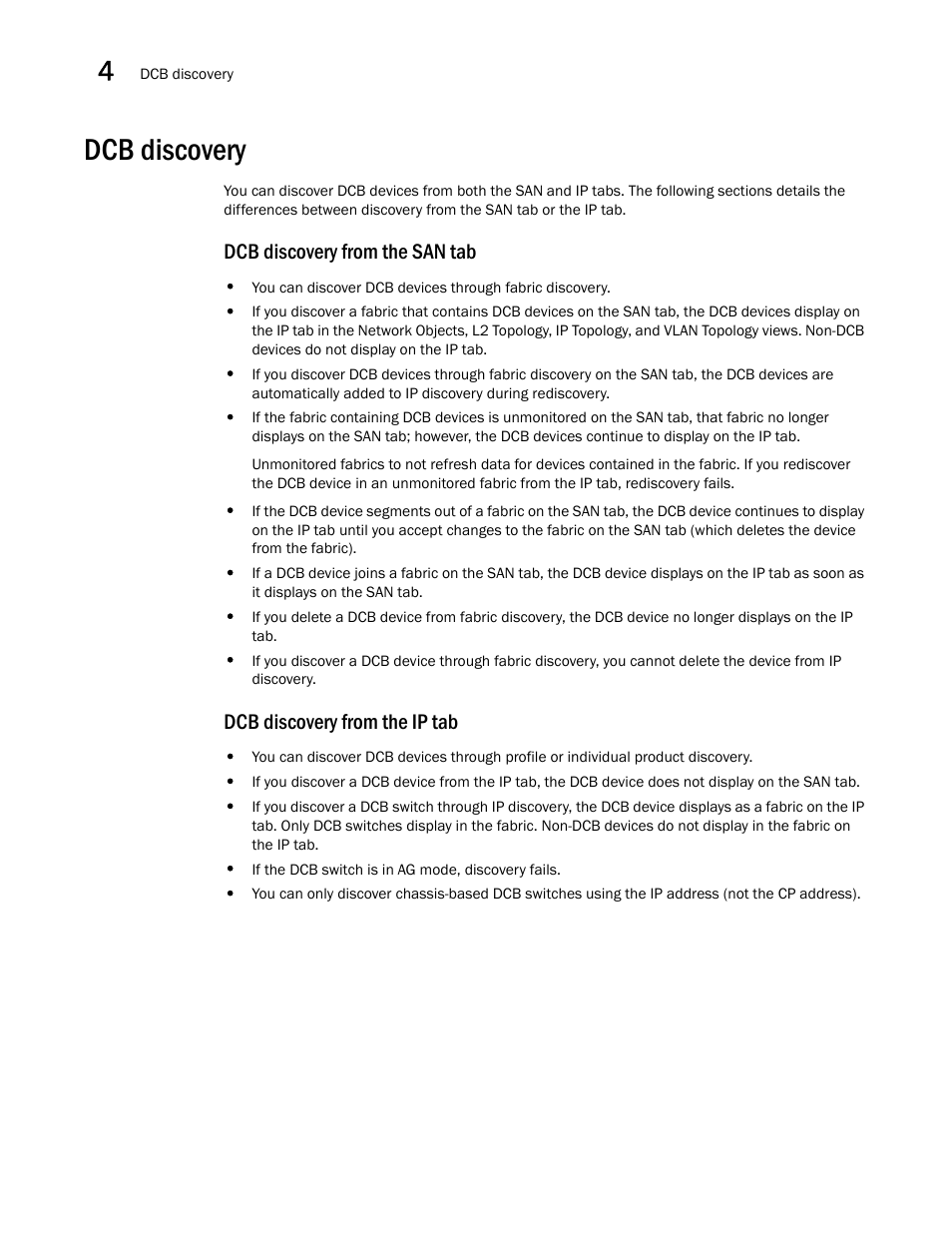 Dcb discovery, Dcb discovery from the san tab, Dcb discovery from the ip tab | Brocade Network Advisor SAN + IP User Manual v12.1.0 User Manual | Page 125 / 2389