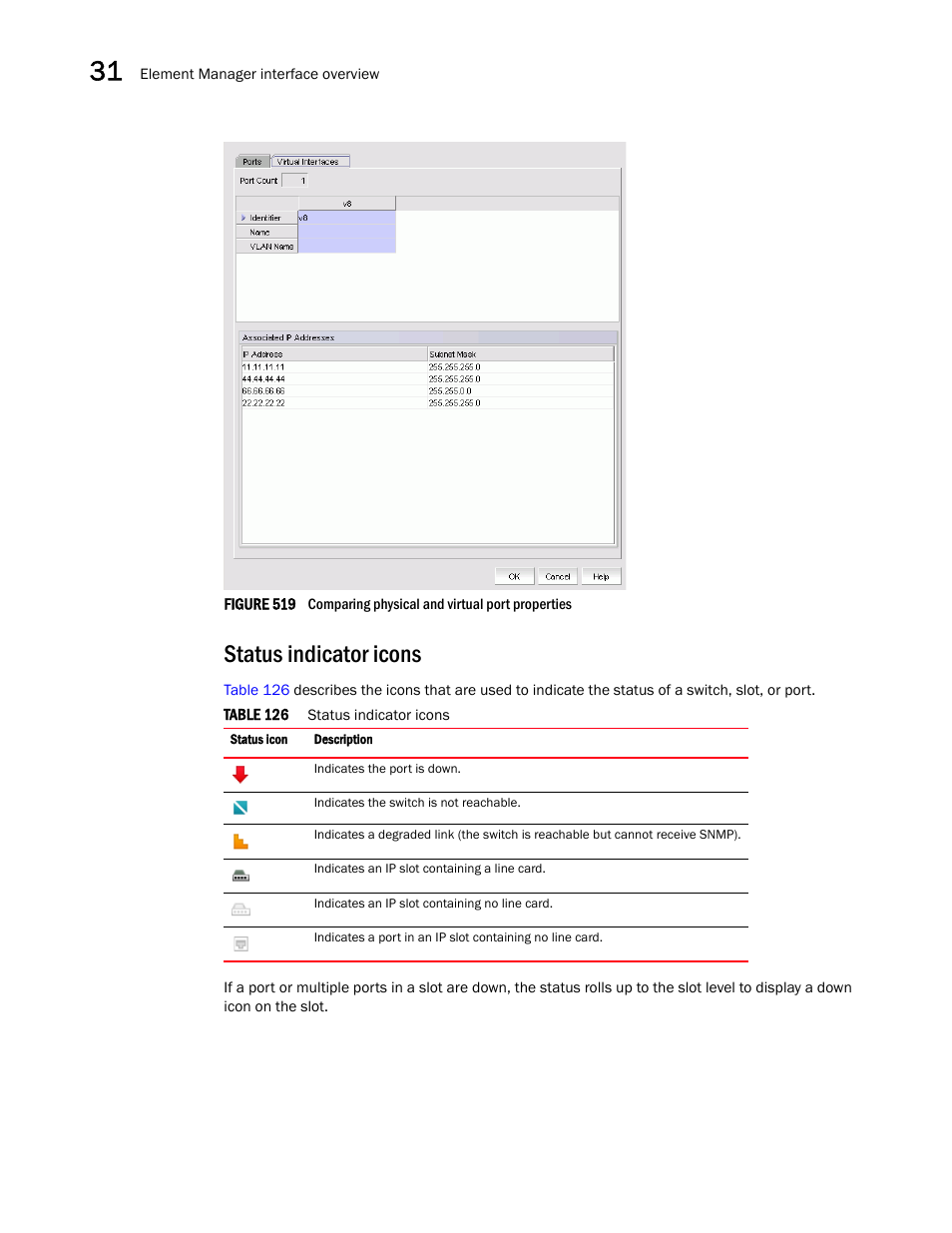 Status indicator icons | Brocade Network Advisor SAN + IP User Manual v12.1.0 User Manual | Page 1267 / 2389