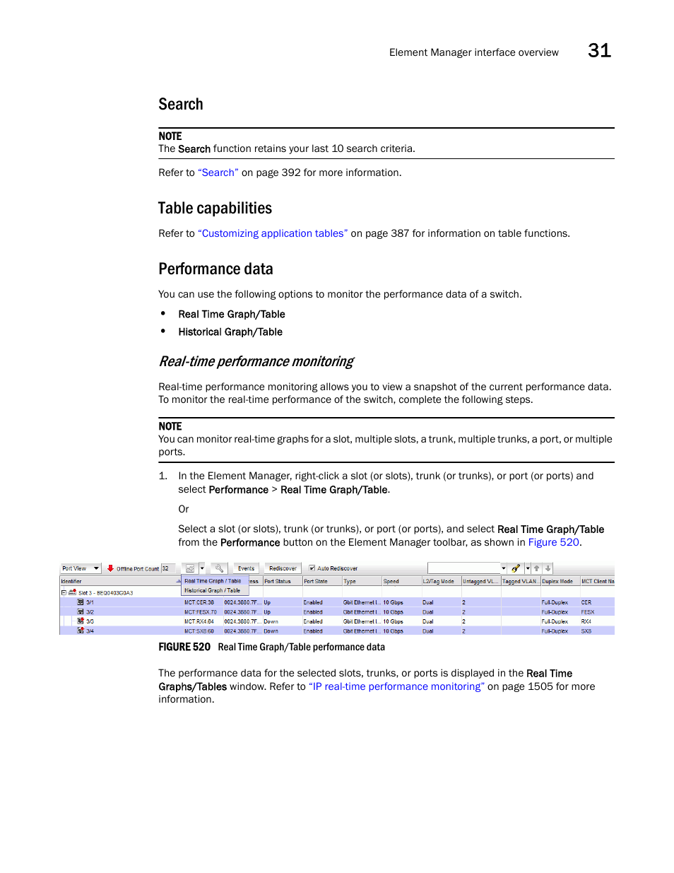 Search, Table capabilities, Performance data | Real-time performance monitoring | Brocade Network Advisor SAN + IP User Manual v12.1.0 User Manual | Page 1268 / 2389