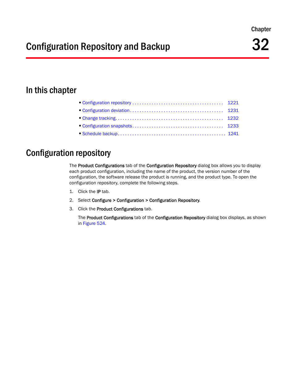 Configuration repository and backup, In this chapter, Configuration repository | Chapter 32, Chapter 32, “configuration repository and backup, Configuration repository and, Backup | Brocade Network Advisor SAN + IP User Manual v12.1.0 User Manual | Page 1272 / 2389