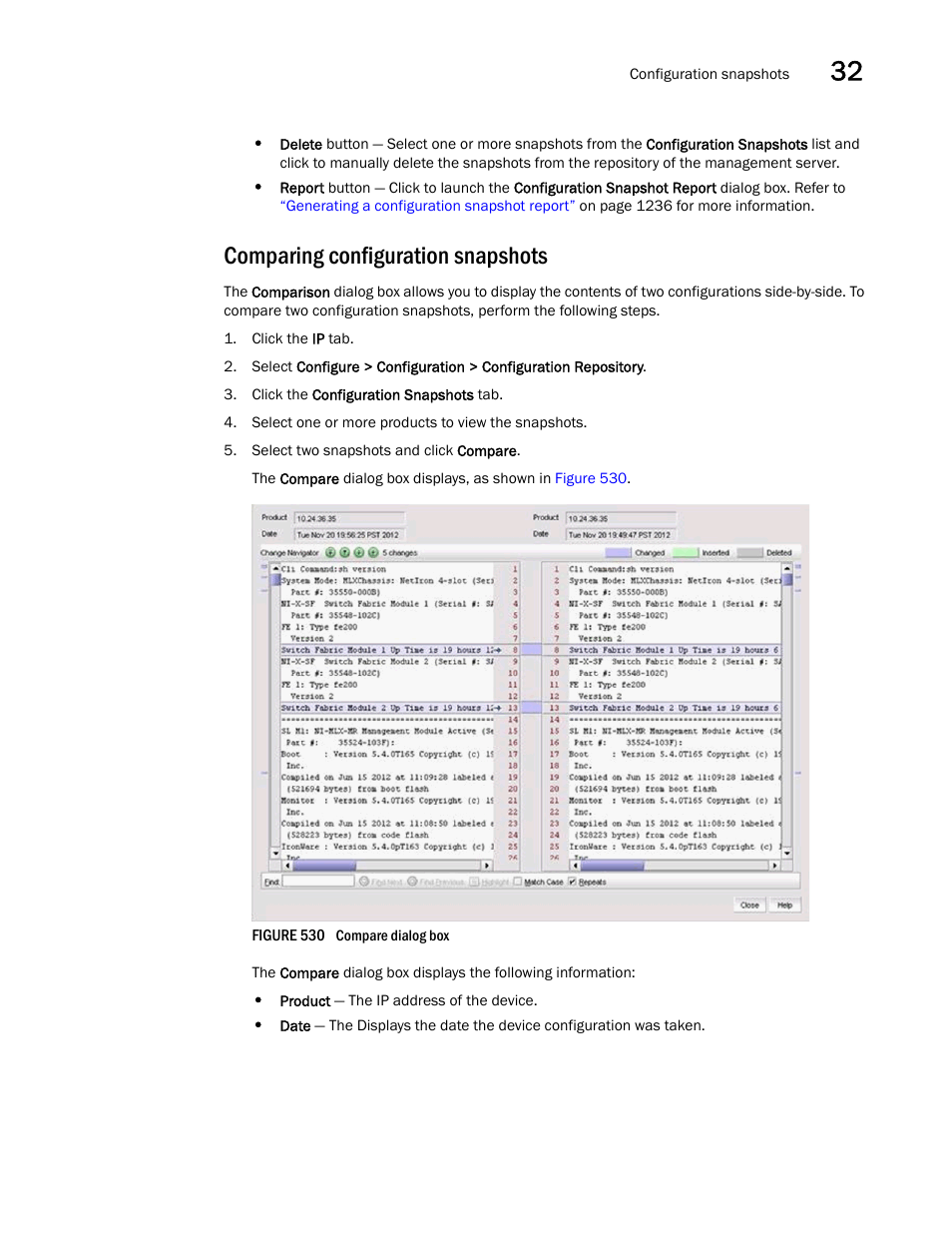 Comparing configuration snapshots | Brocade Network Advisor SAN + IP User Manual v12.1.0 User Manual | Page 1286 / 2389