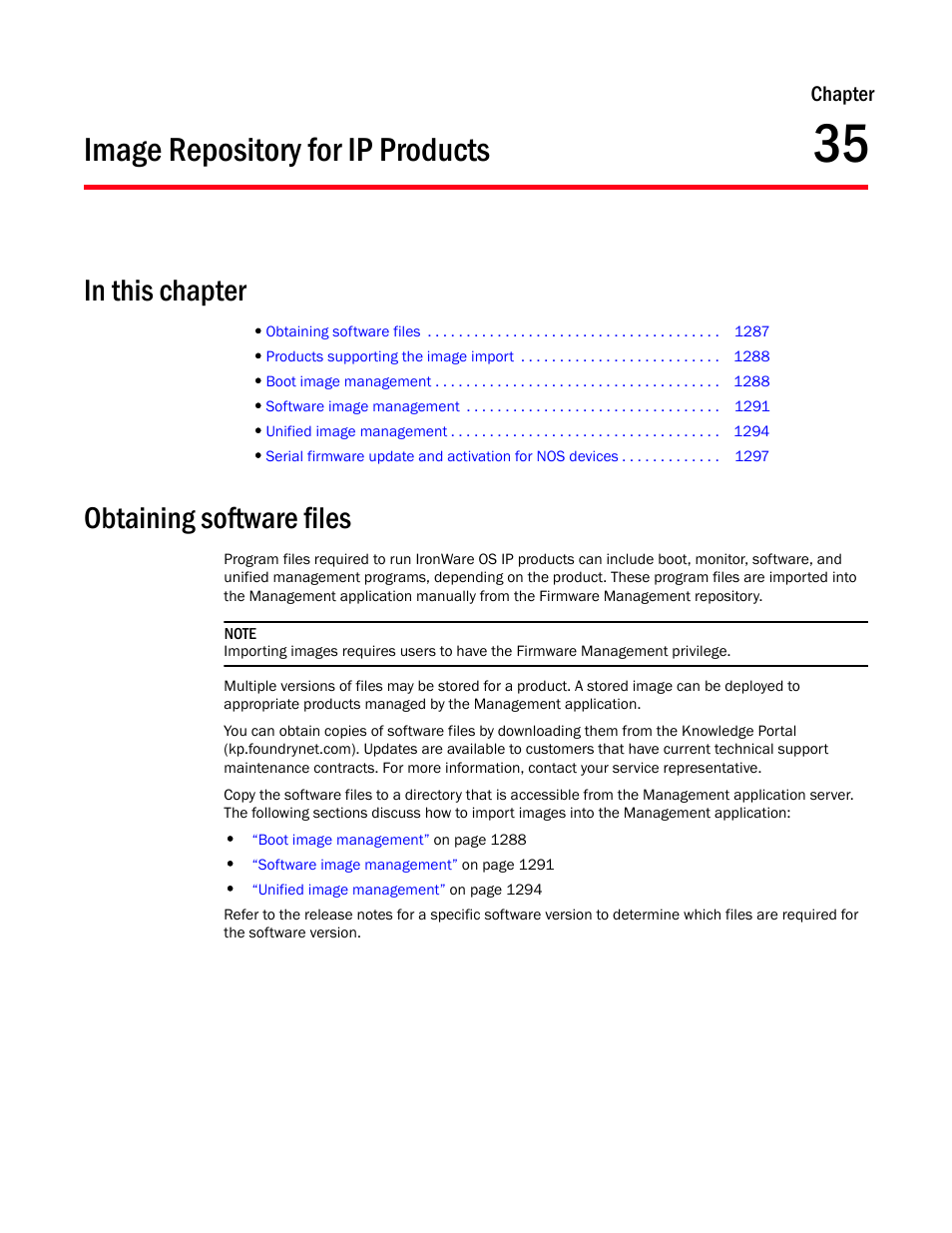 Image repository for ip products, In this chapter, Obtaining software files | Chapter 35, Chapter 35, “image repository for ip products | Brocade Network Advisor SAN + IP User Manual v12.1.0 User Manual | Page 1336 / 2389