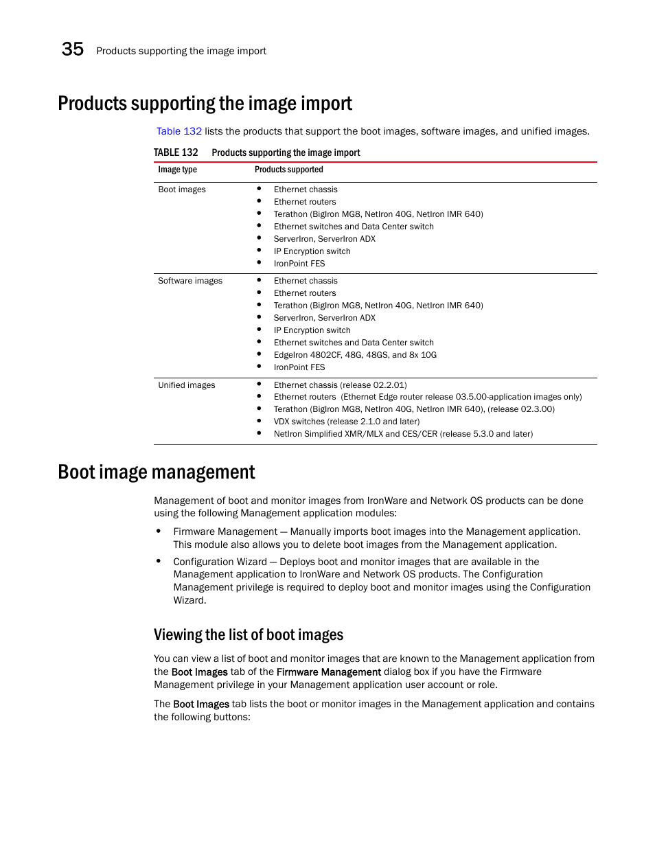 Products supporting the image import, Boot image management, Viewing the list of boot images | Products supporting the image import 8, Boot image management 8 | Brocade Network Advisor SAN + IP User Manual v12.1.0 User Manual | Page 1337 / 2389