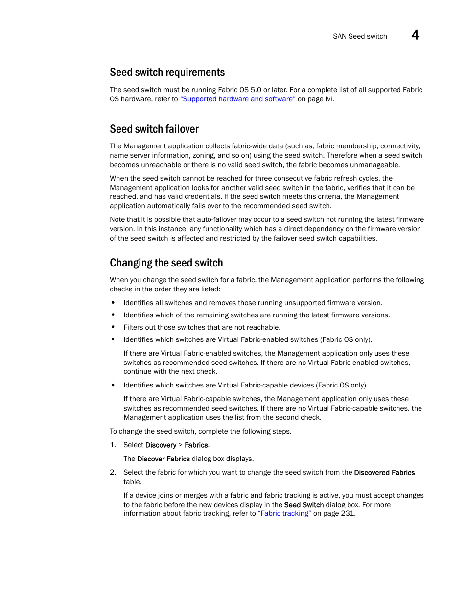 Seed switch requirements, Seed switch failover, Changing the seed switch | Seed switch requirements seed switch failover | Brocade Network Advisor SAN + IP User Manual v12.1.0 User Manual | Page 134 / 2389