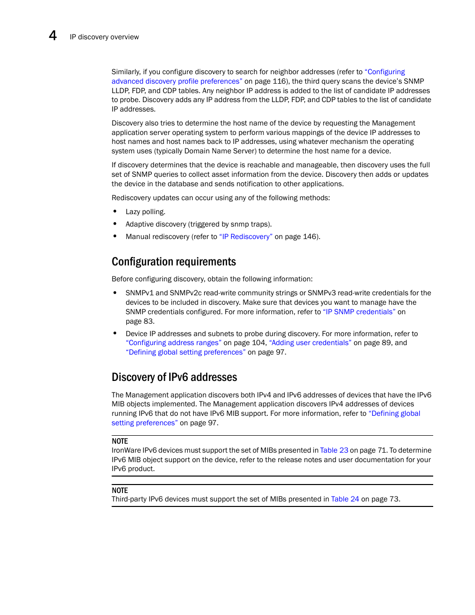 Configuration requirements, Discovery of ipv6 addresses | Brocade Network Advisor SAN + IP User Manual v12.1.0 User Manual | Page 137 / 2389