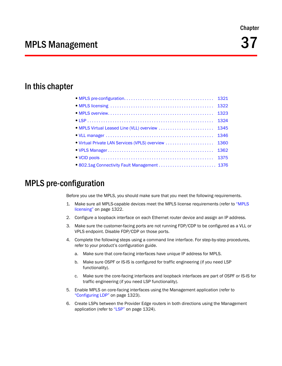 Mpls management, In this chapter, Mpls pre-configuration | Chapter 37, Chapter 37, “mpls management, Chapter | Brocade Network Advisor SAN + IP User Manual v12.1.0 User Manual | Page 1370 / 2389
