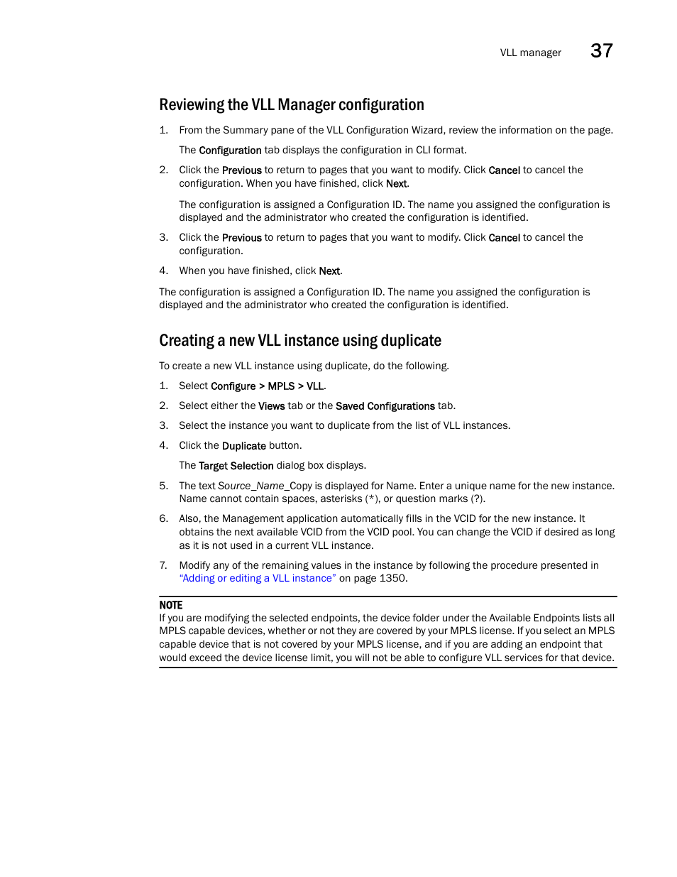 Reviewing the vll manager configuration, Creating a new vll instance using duplicate | Brocade Network Advisor SAN + IP User Manual v12.1.0 User Manual | Page 1406 / 2389