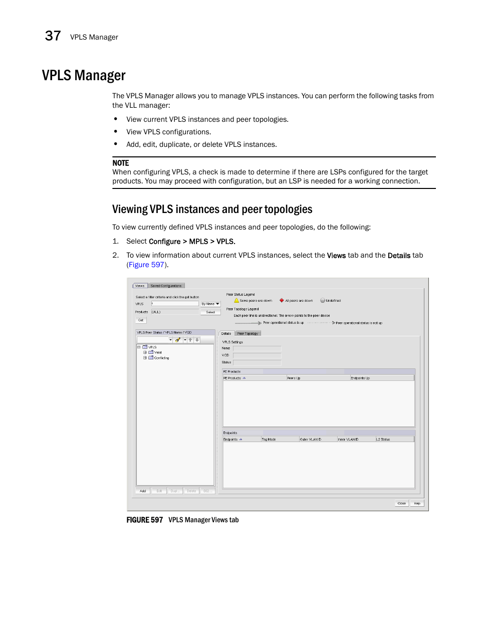 Vpls manager, Viewing vpls instances and peer topologies, Vpls manager 2 | Brocade Network Advisor SAN + IP User Manual v12.1.0 User Manual | Page 1411 / 2389