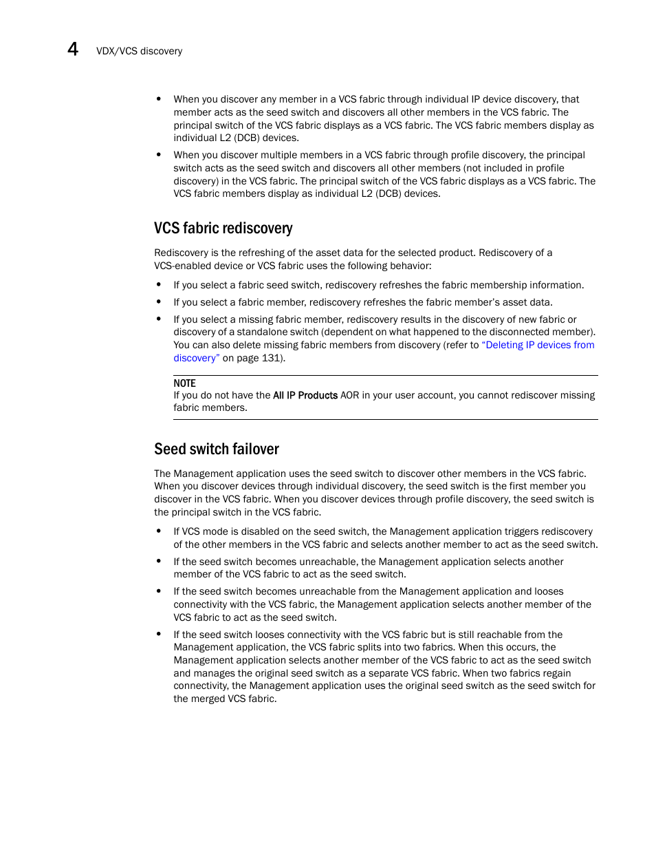 Vcs fabric rediscovery, Seed switch failover, Vcs fabric rediscovery seed switch failover | Brocade Network Advisor SAN + IP User Manual v12.1.0 User Manual | Page 143 / 2389