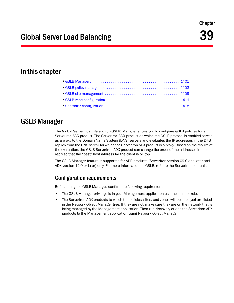 Global server load balancing, In this chapter, Gslb manager | Configuration requirements, Chapter 39, Configuration requirements 1, Chapter 39, “global server load balancing | Brocade Network Advisor SAN + IP User Manual v12.1.0 User Manual | Page 1449 / 2389