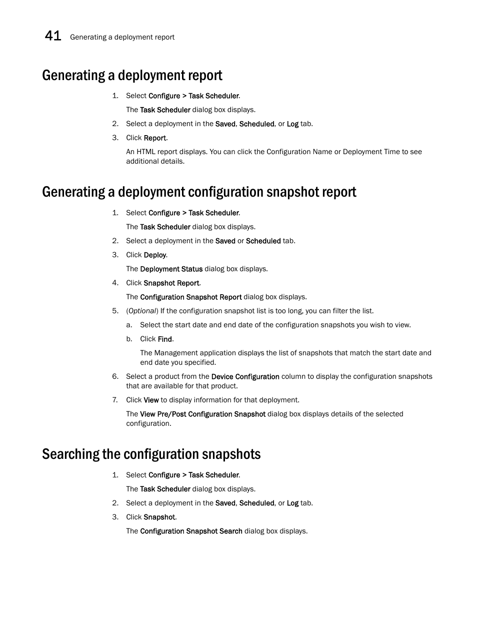 Generating a deployment report, Searching the configuration snapshots, Generating a | Deployment report, Generating a deployment report 2, Searching the configuration snapshots 2 | Brocade Network Advisor SAN + IP User Manual v12.1.0 User Manual | Page 1490 / 2389