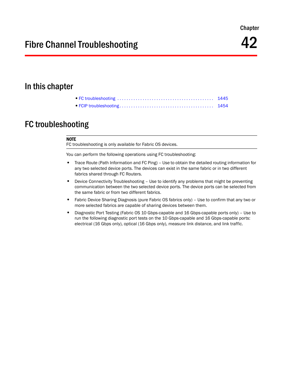 Fibre channel troubleshooting, In this chapter, Fc troubleshooting | Chapter 42, Chapter 42, “fibre channel troubleshooting | Brocade Network Advisor SAN + IP User Manual v12.1.0 User Manual | Page 1492 / 2389