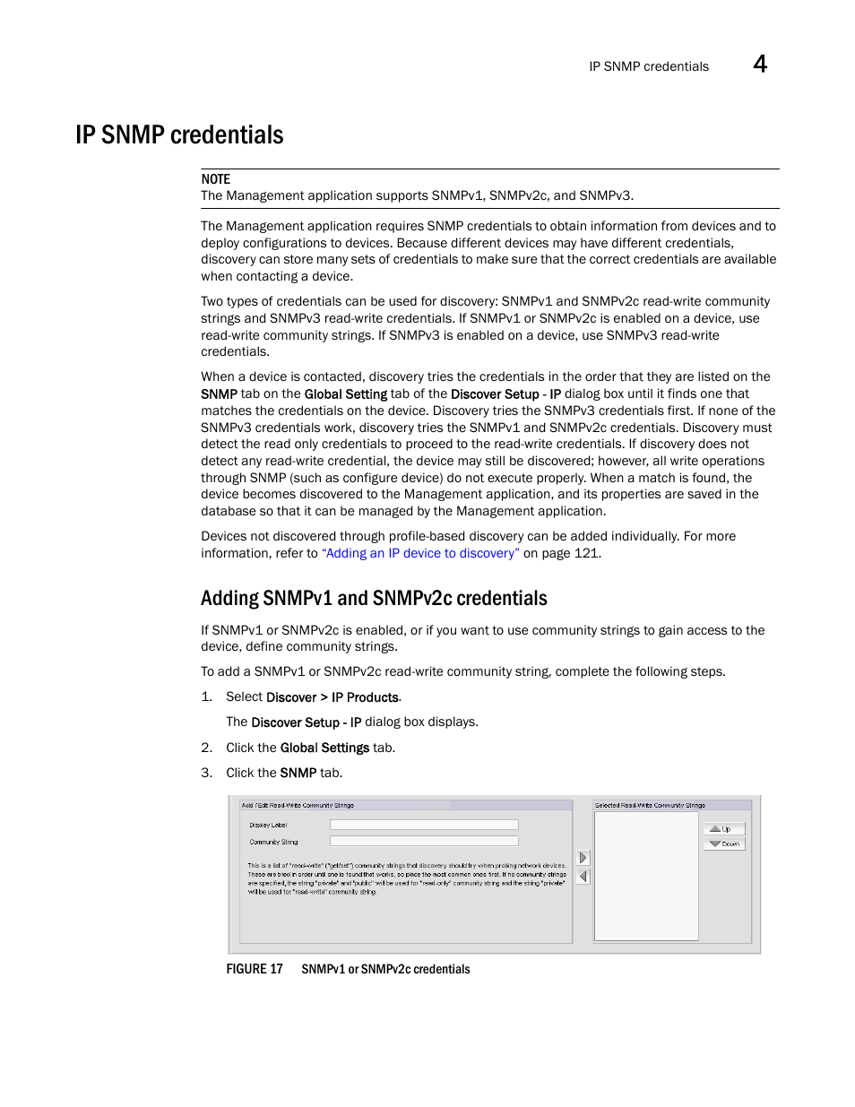 Ip snmp credentials, Adding snmpv1 and snmpv2c credentials | Brocade Network Advisor SAN + IP User Manual v12.1.0 User Manual | Page 150 / 2389