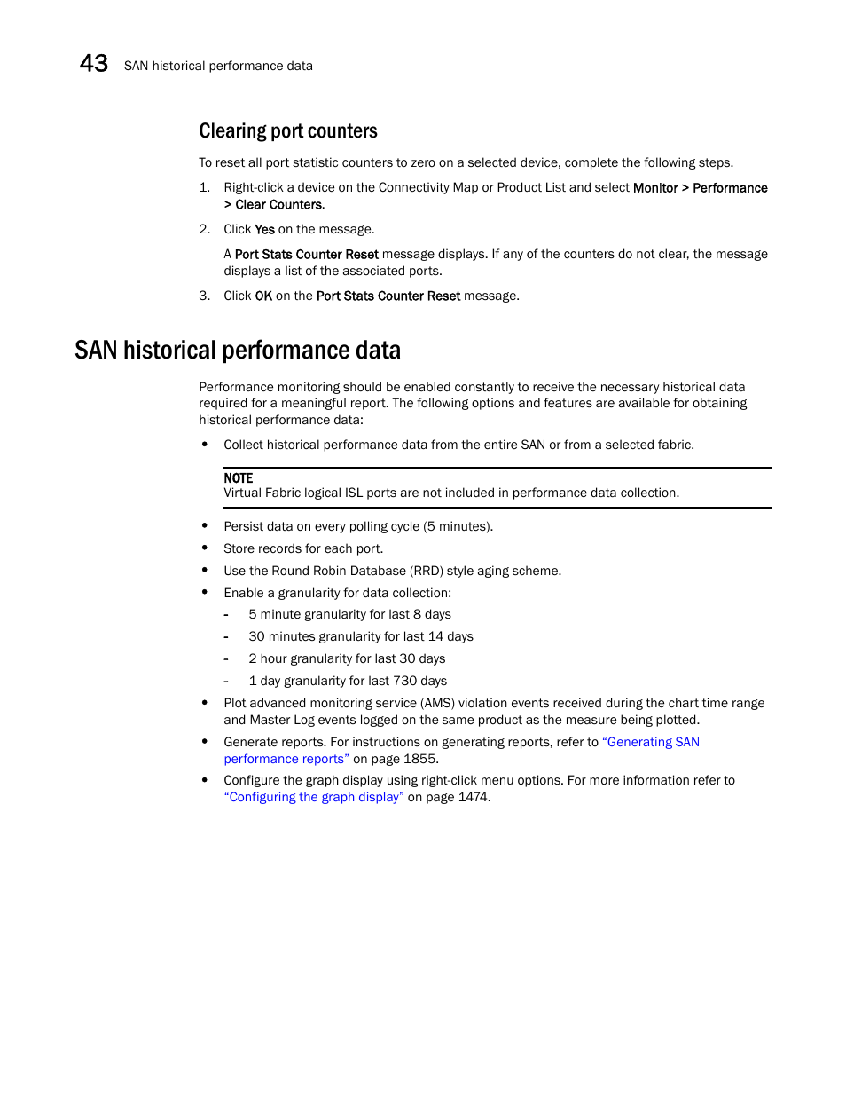 Clearing port counters, San historical performance data, San historical | Performance data, San historical performance data 0 | Brocade Network Advisor SAN + IP User Manual v12.1.0 User Manual | Page 1517 / 2389