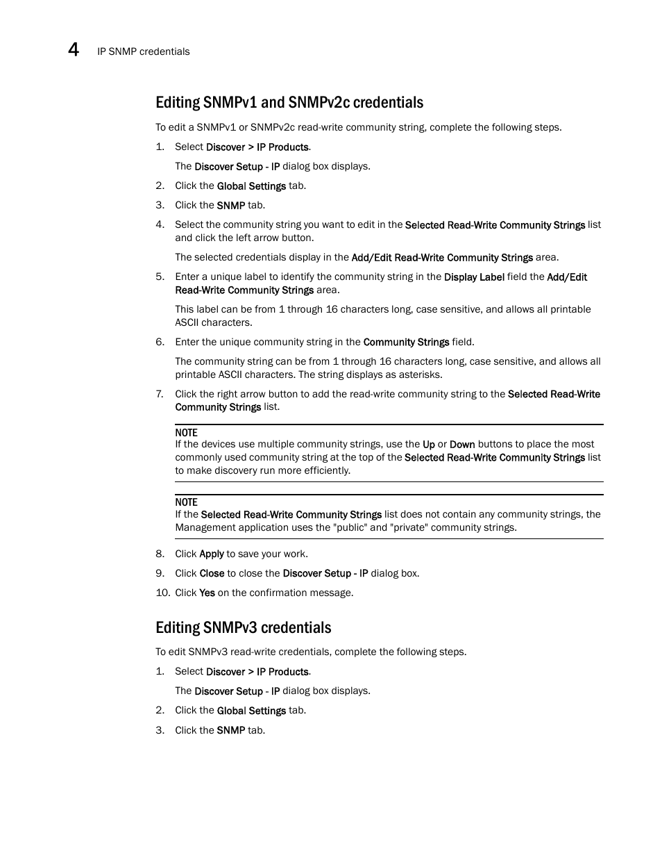 Editing snmpv1 and snmpv2c credentials, Editing snmpv3 credentials | Brocade Network Advisor SAN + IP User Manual v12.1.0 User Manual | Page 153 / 2389