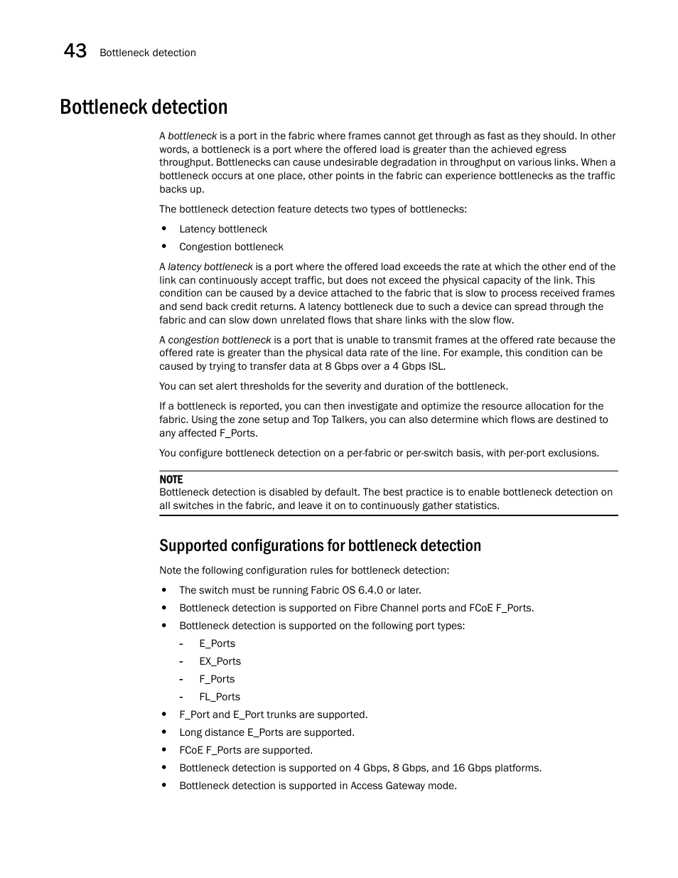 Bottleneck detection, Supported configurations for bottleneck detection, Bottleneck | Detection, Bottleneck detection 8 | Brocade Network Advisor SAN + IP User Manual v12.1.0 User Manual | Page 1535 / 2389