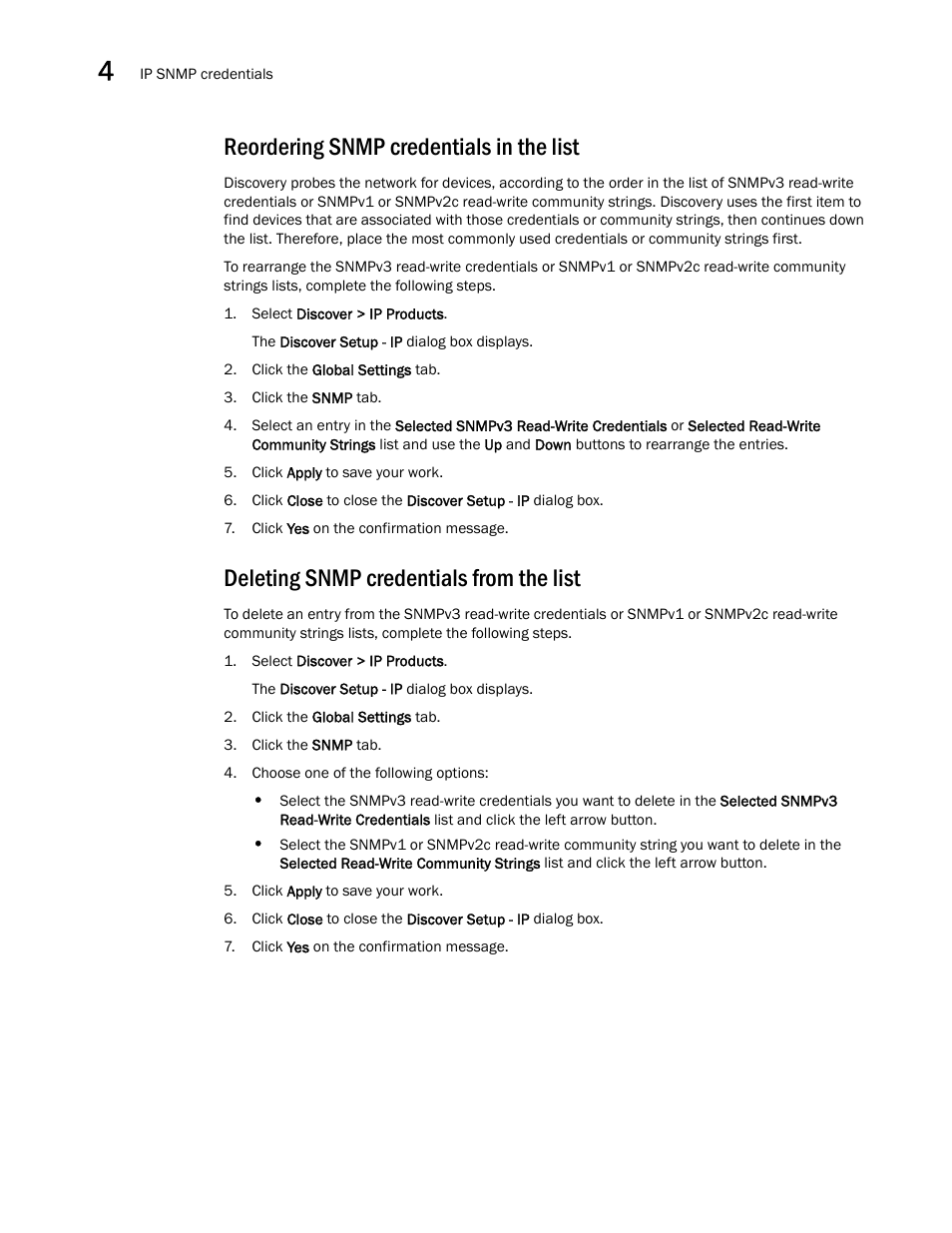 Reordering snmp credentials in the list, Deleting snmp credentials from the list | Brocade Network Advisor SAN + IP User Manual v12.1.0 User Manual | Page 155 / 2389