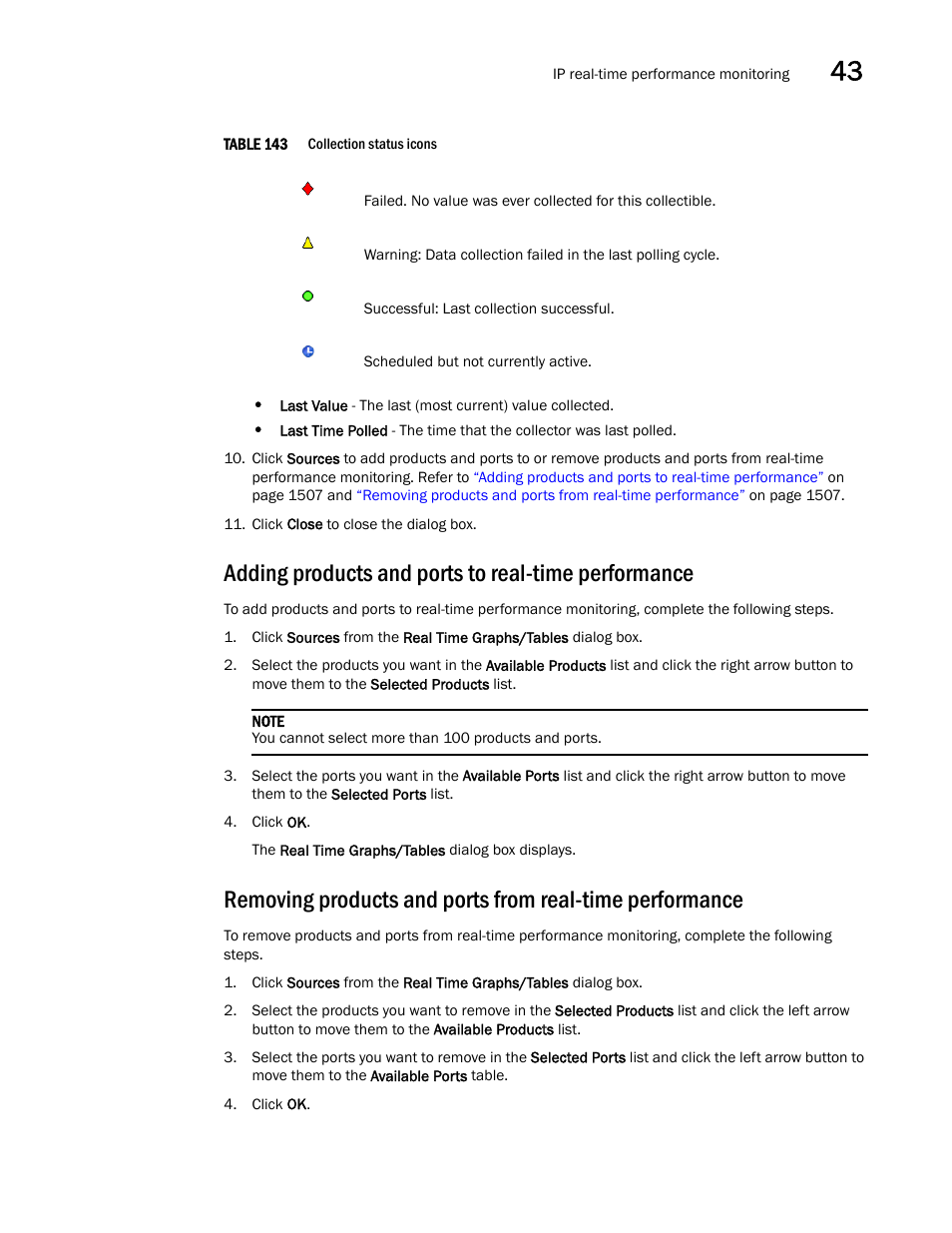 Adding products and ports to real-time performance, N in, Table 143 | Brocade Network Advisor SAN + IP User Manual v12.1.0 User Manual | Page 1554 / 2389