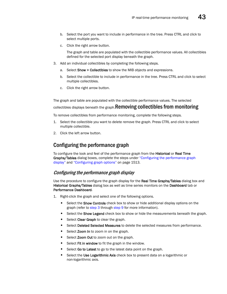 Configuring the performance graph, Removing collectibles from monitoring, Configuring the performance graph display | Configuring the performance, Graph, Display | Brocade Network Advisor SAN + IP User Manual v12.1.0 User Manual | Page 1558 / 2389