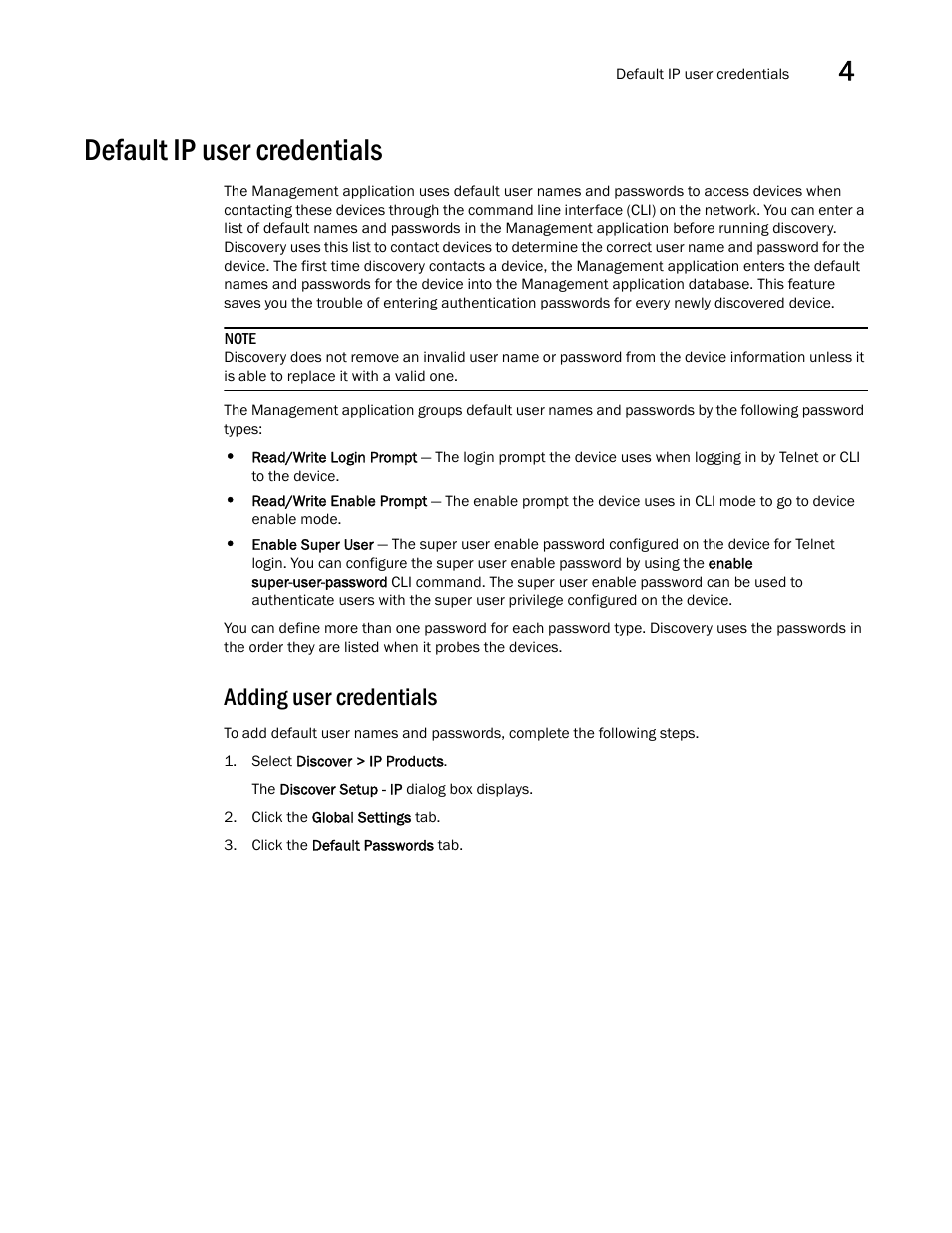 Default ip user credentials, Adding user credentials | Brocade Network Advisor SAN + IP User Manual v12.1.0 User Manual | Page 156 / 2389