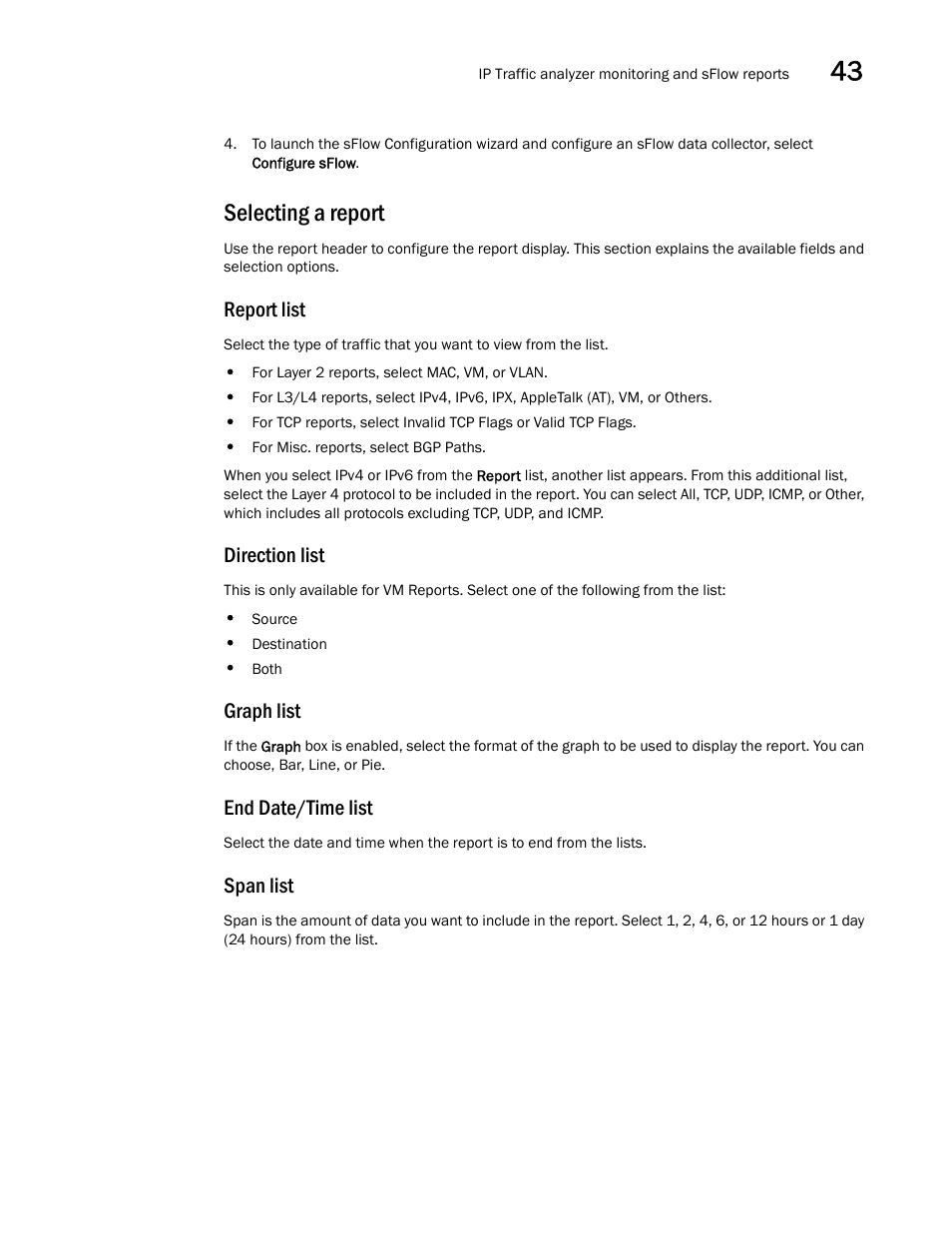 Selecting a report, Report list, Direction list | Graph list, End date/time list, Span list | Brocade Network Advisor SAN + IP User Manual v12.1.0 User Manual | Page 1608 / 2389