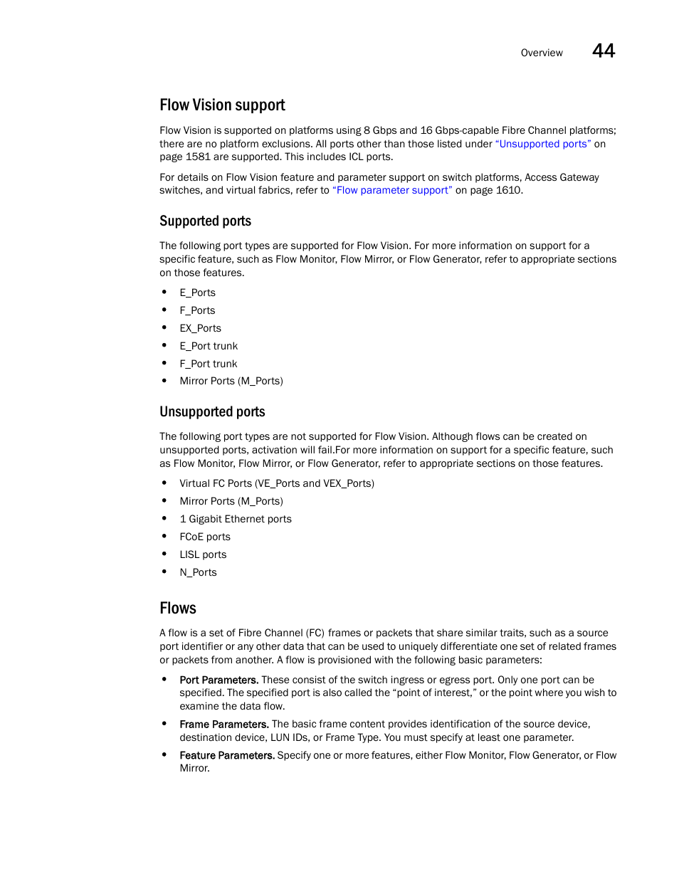 Flow vision support, Supported ports, Unsupported ports | Flows | Brocade Network Advisor SAN + IP User Manual v12.1.0 User Manual | Page 1627 / 2389