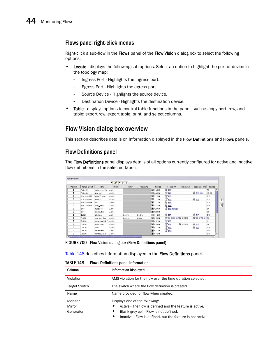 Flows panel right-click menus, Flow vision dialog box overview, Flow definitions panel | Brocade Network Advisor SAN + IP User Manual v12.1.0 User Manual | Page 1642 / 2389