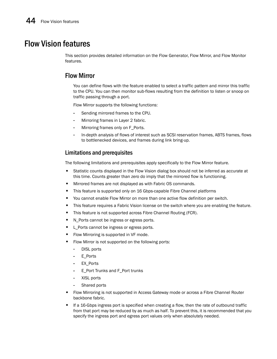 Flow vision features, Flow mirror, Limitations and prerequisites | Flow mirror 4, Flow vision features 4 | Brocade Network Advisor SAN + IP User Manual v12.1.0 User Manual | Page 1650 / 2389