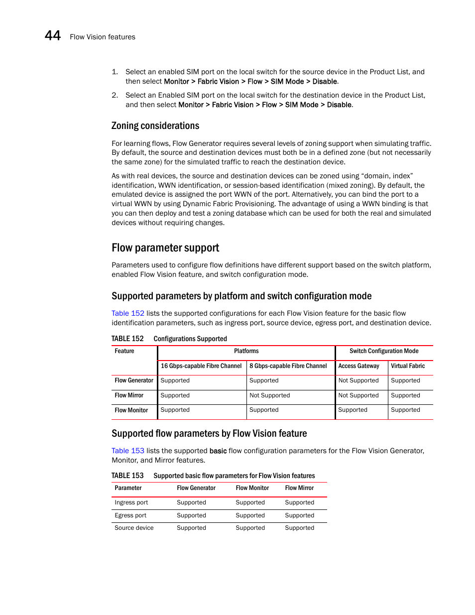 Zoning considerations, Flow parameter support, Supported flow parameters by flow vision feature | Brocade Network Advisor SAN + IP User Manual v12.1.0 User Manual | Page 1656 / 2389