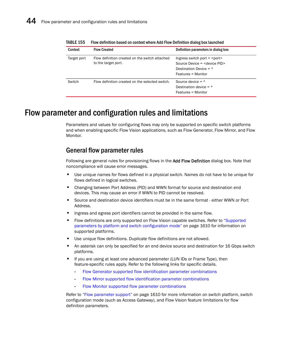 General flow parameter rules, General flow parameter rules 2, Flow | Parameter and configuration rules and limitations | Brocade Network Advisor SAN + IP User Manual v12.1.0 User Manual | Page 1658 / 2389