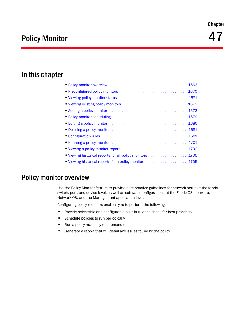 Policy monitor, Policy monitor overview, Chapter 47 | Chapter 47, “policy monitor, Ed in | Brocade Network Advisor SAN + IP User Manual v12.1.0 User Manual | Page 1706 / 2389