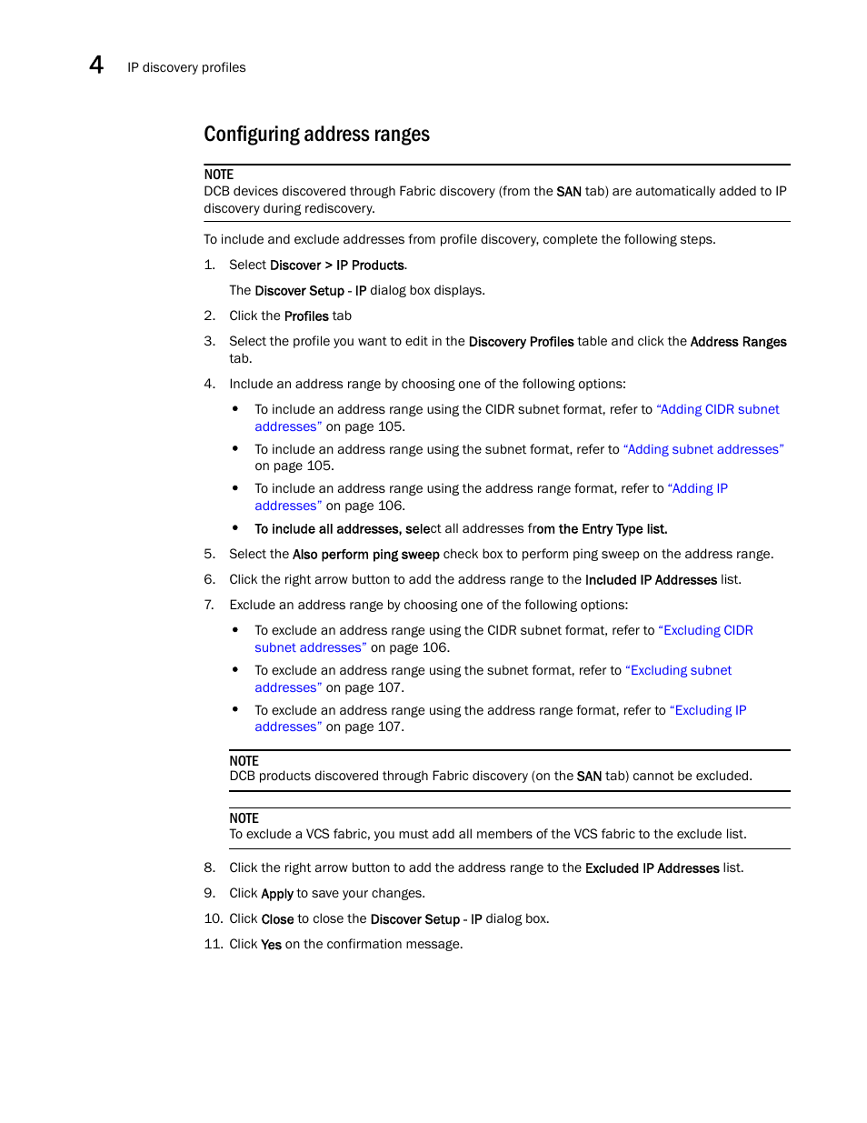 Configuring address ranges, Configuring address, Ranges | Brocade Network Advisor SAN + IP User Manual v12.1.0 User Manual | Page 171 / 2389