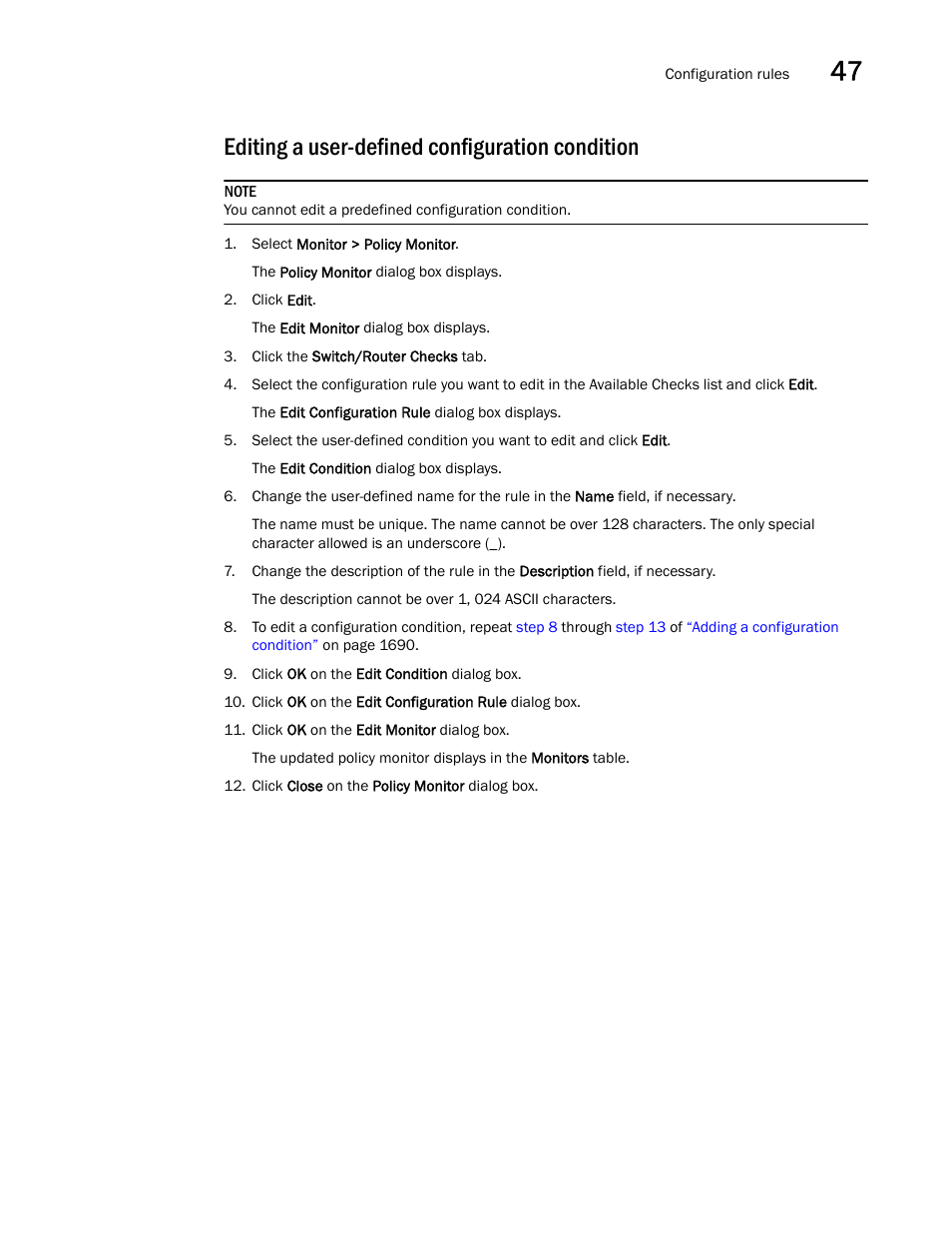 Editing a user-defined configuration condition, Editing, A user-defined configuration condition | Brocade Network Advisor SAN + IP User Manual v12.1.0 User Manual | Page 1736 / 2389