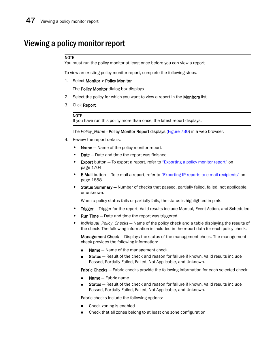 Viewing a policy monitor report, Viewing a policy monitor report 2 | Brocade Network Advisor SAN + IP User Manual v12.1.0 User Manual | Page 1745 / 2389