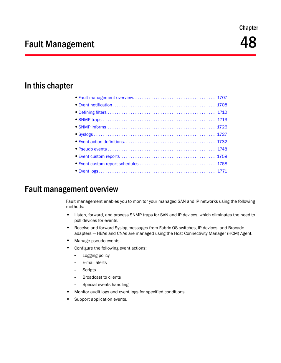 Fault management, Fault management overview, Chapter 48 | Chapter 48, “fault management | Brocade Network Advisor SAN + IP User Manual v12.1.0 User Manual | Page 1749 / 2389