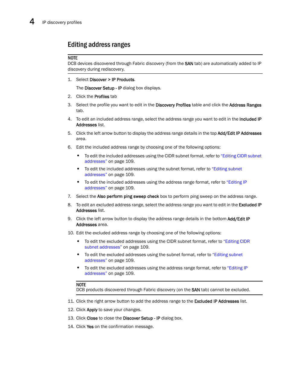 Editing address ranges, Editing, Address ranges | Brocade Network Advisor SAN + IP User Manual v12.1.0 User Manual | Page 175 / 2389