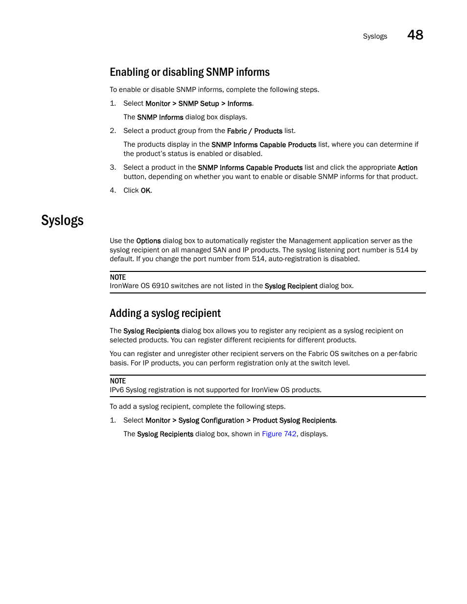 Enabling or disabling snmp informs, Syslogs, Adding a syslog recipient | Enabling or disabling snmp informs 7, Syslogs 7 | Brocade Network Advisor SAN + IP User Manual v12.1.0 User Manual | Page 1769 / 2389