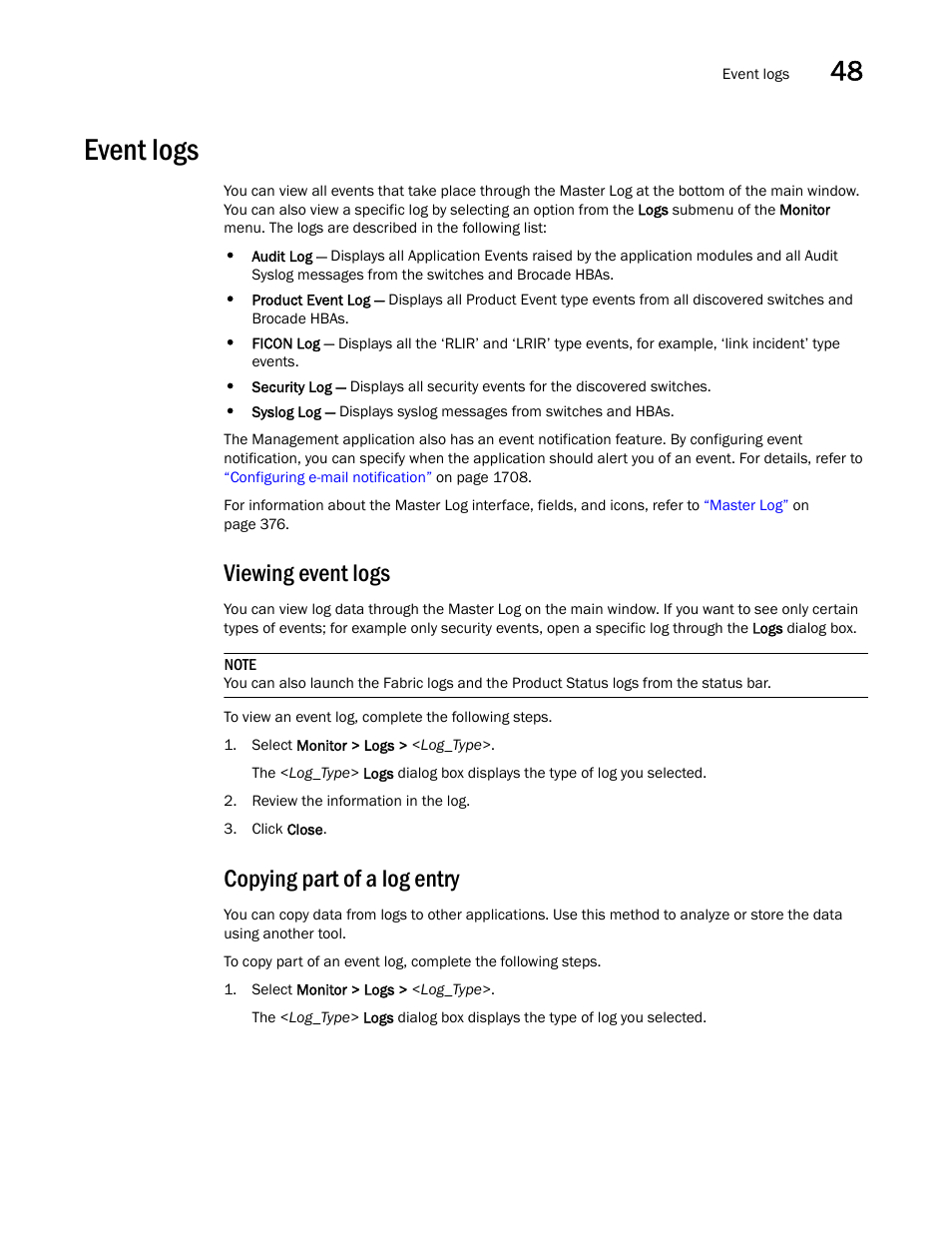 Event logs, Viewing event logs, Copying part of a log entry | Event logs 1 | Brocade Network Advisor SAN + IP User Manual v12.1.0 User Manual | Page 1813 / 2389