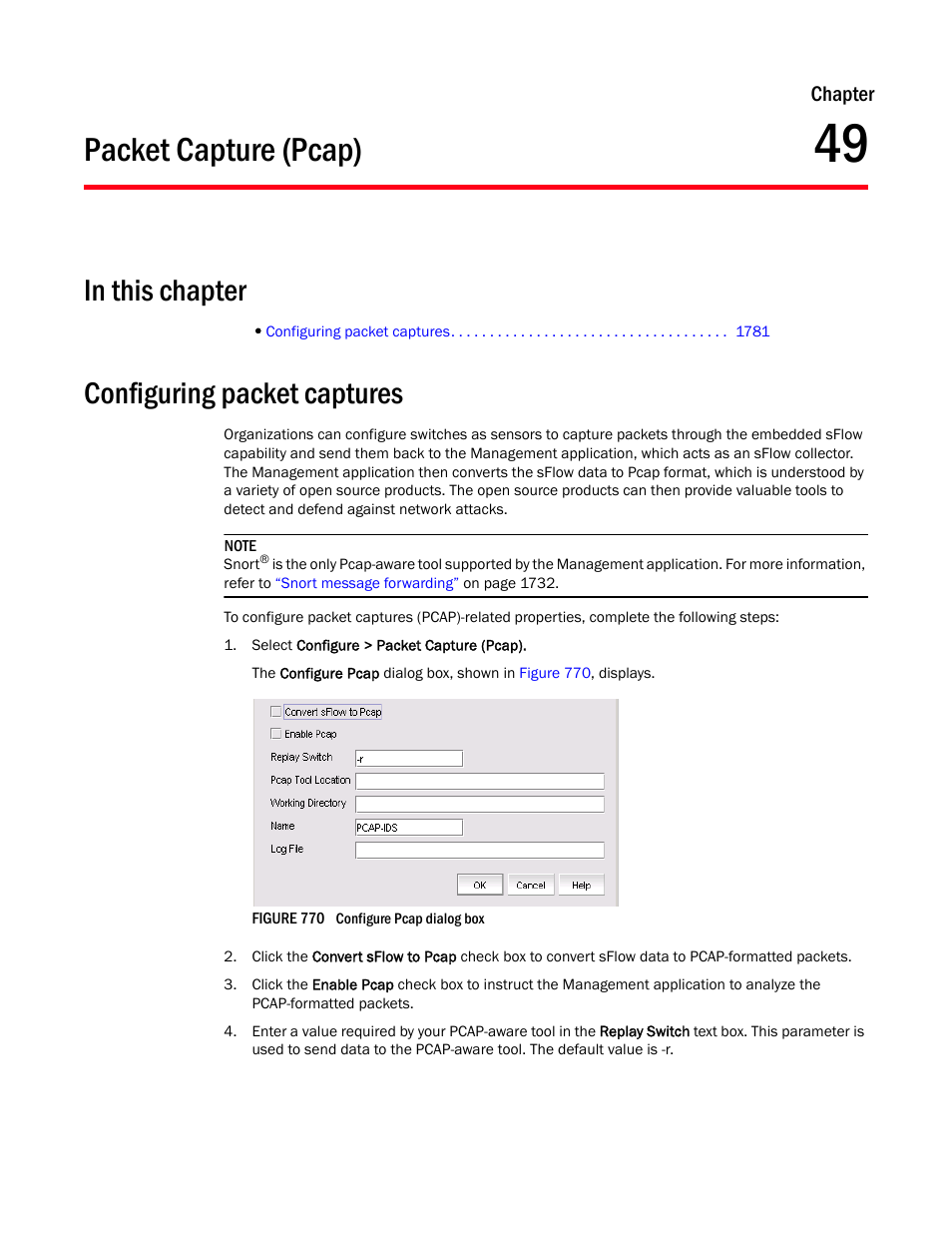 Packet capture (pcap), In this chapter, Configuring packet captures | Chapter 49, Chapter 49, “packet capture (pcap) | Brocade Network Advisor SAN + IP User Manual v12.1.0 User Manual | Page 1822 / 2389