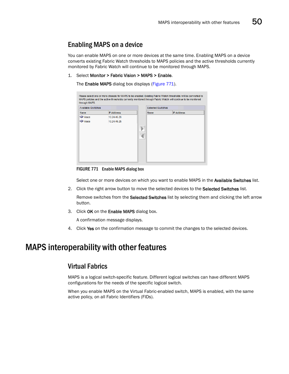 Enabling maps on a device, Maps interoperability with other features, Maps interoperability with other features 5 | Virtual fabrics | Brocade Network Advisor SAN + IP User Manual v12.1.0 User Manual | Page 1826 / 2389