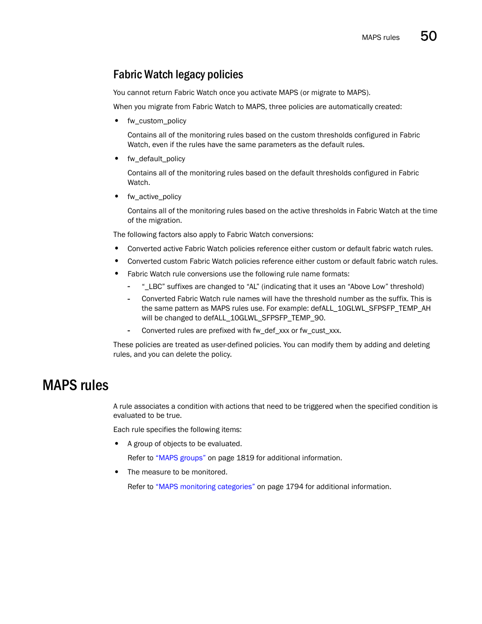 Maps rules, Maps rules 1, Fabric watch legacy policies | Brocade Network Advisor SAN + IP User Manual v12.1.0 User Manual | Page 1842 / 2389