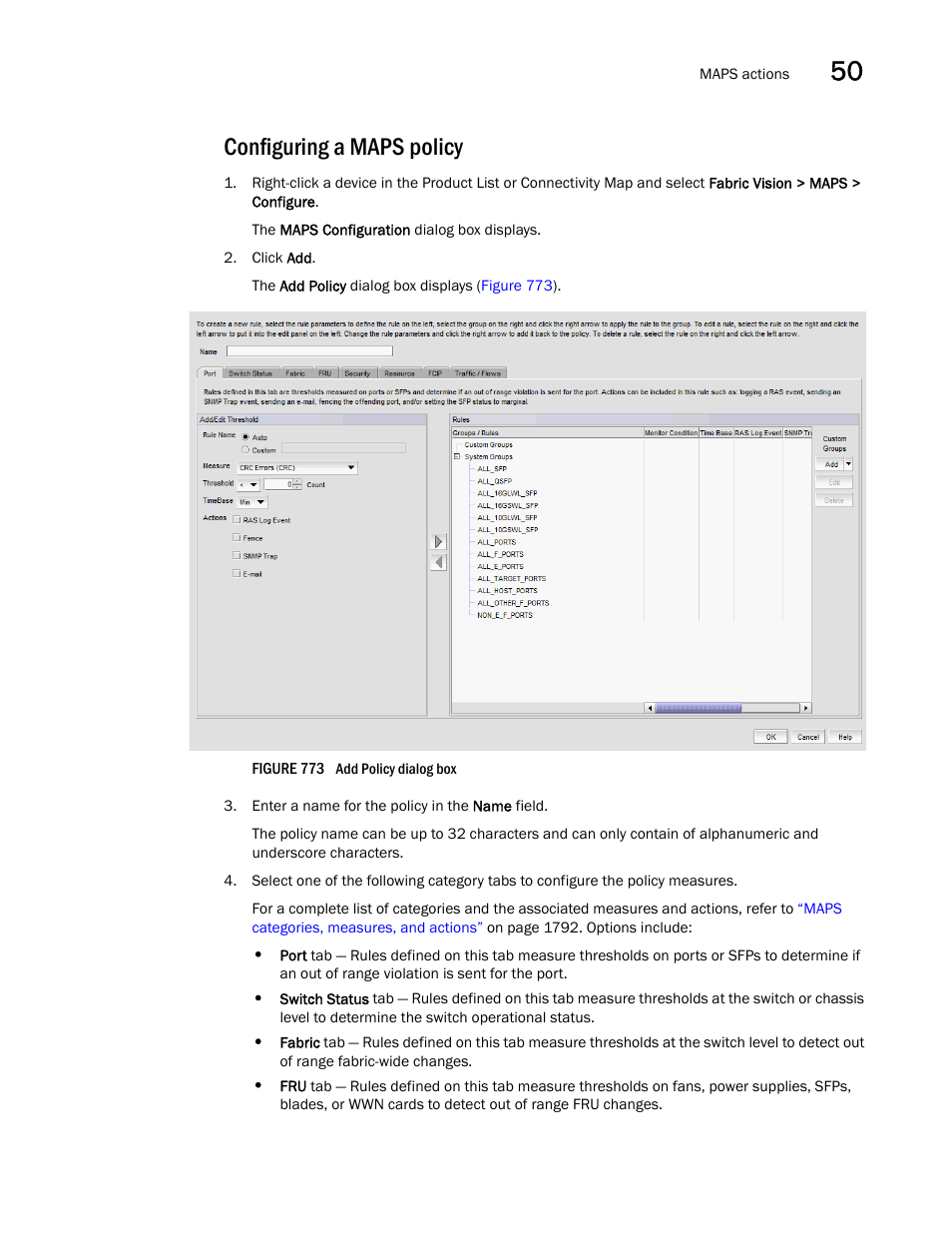 Configuring a maps policy | Brocade Network Advisor SAN + IP User Manual v12.1.0 User Manual | Page 1850 / 2389