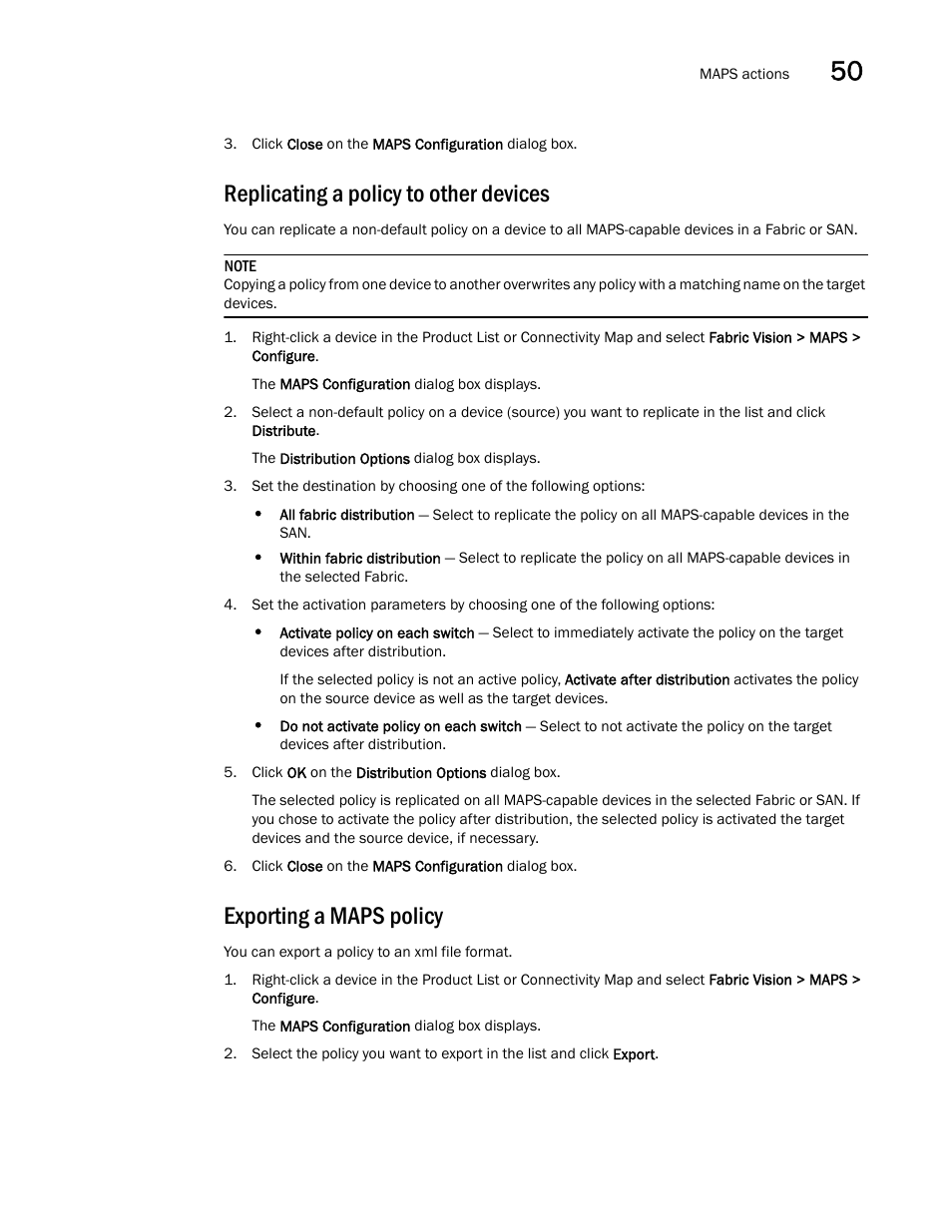 Replicating a policy to other devices, Exporting a maps policy | Brocade Network Advisor SAN + IP User Manual v12.1.0 User Manual | Page 1856 / 2389