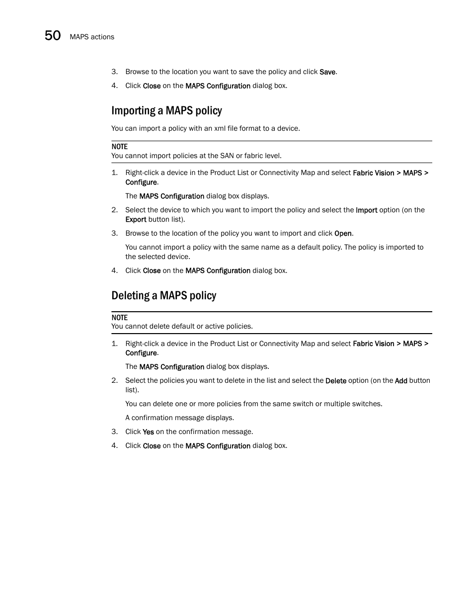 Importing a maps policy, Deleting a maps policy | Brocade Network Advisor SAN + IP User Manual v12.1.0 User Manual | Page 1857 / 2389